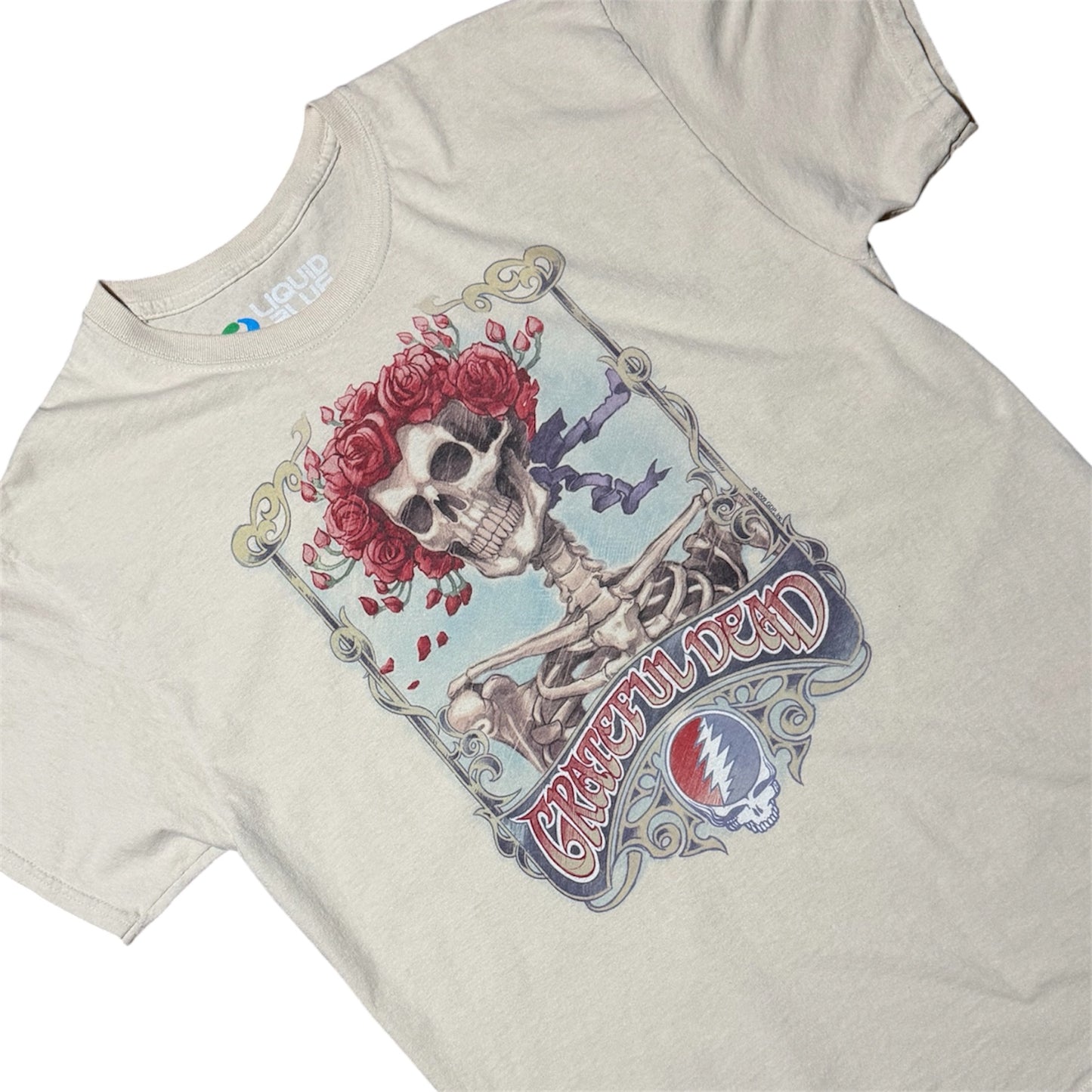 Y2K Liquid Blue Grateful Dead Bertha Skull Roses Graphic Band T-Shirt