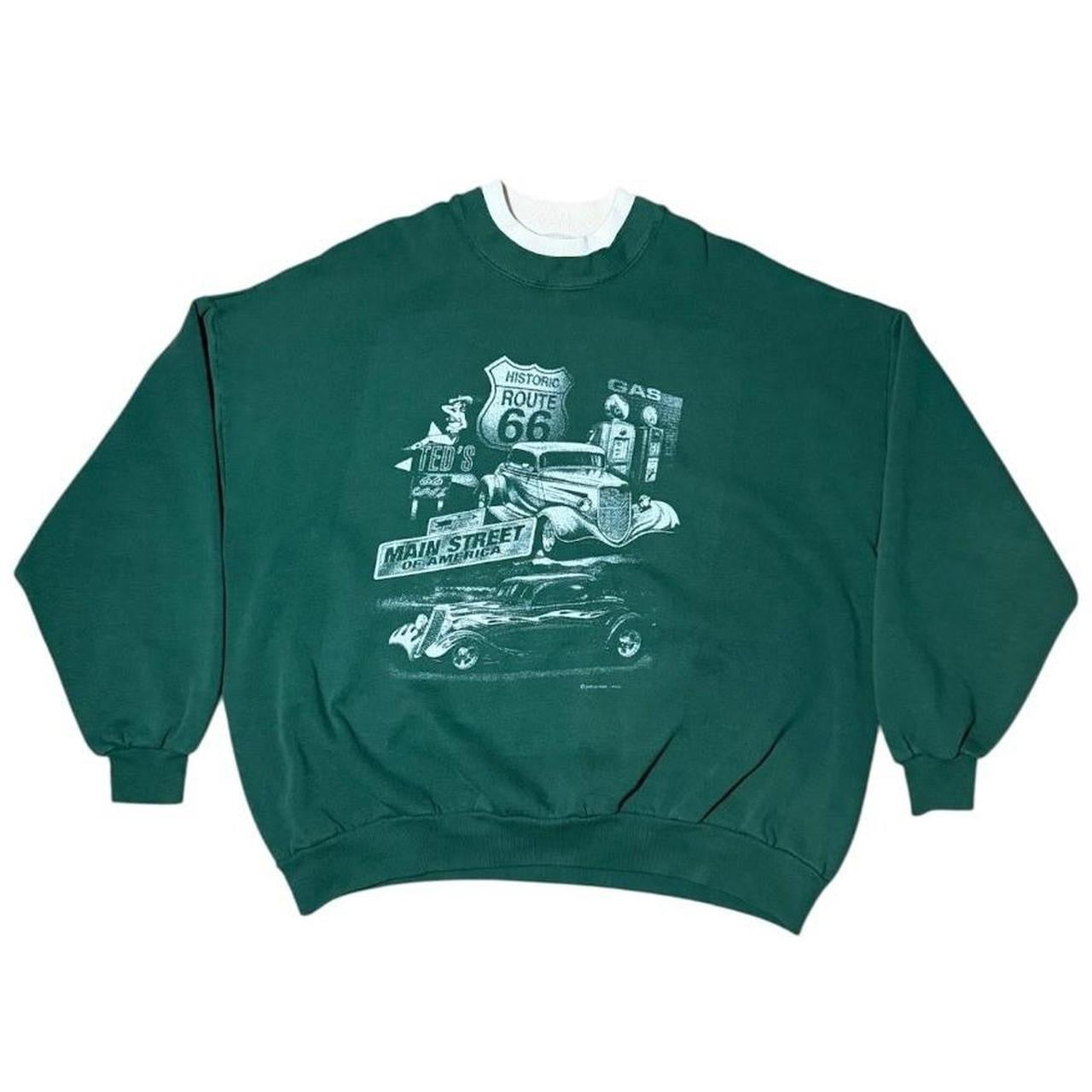 90s Route 66 Hot Rod Car Auto Double Collar Graphic Pullover Crewneck