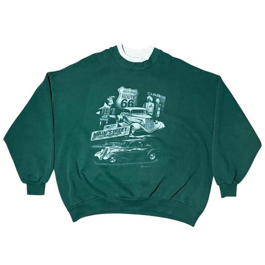 90s Route 66 Hot Rod Car Auto Double Collar Graphic Pullover Crewneck