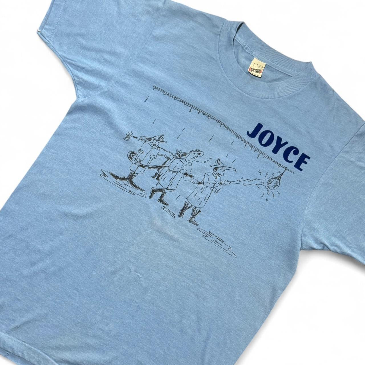 70s Baby Blue Felt Print MCFDA Sports Team Firefighters Joyce Tee