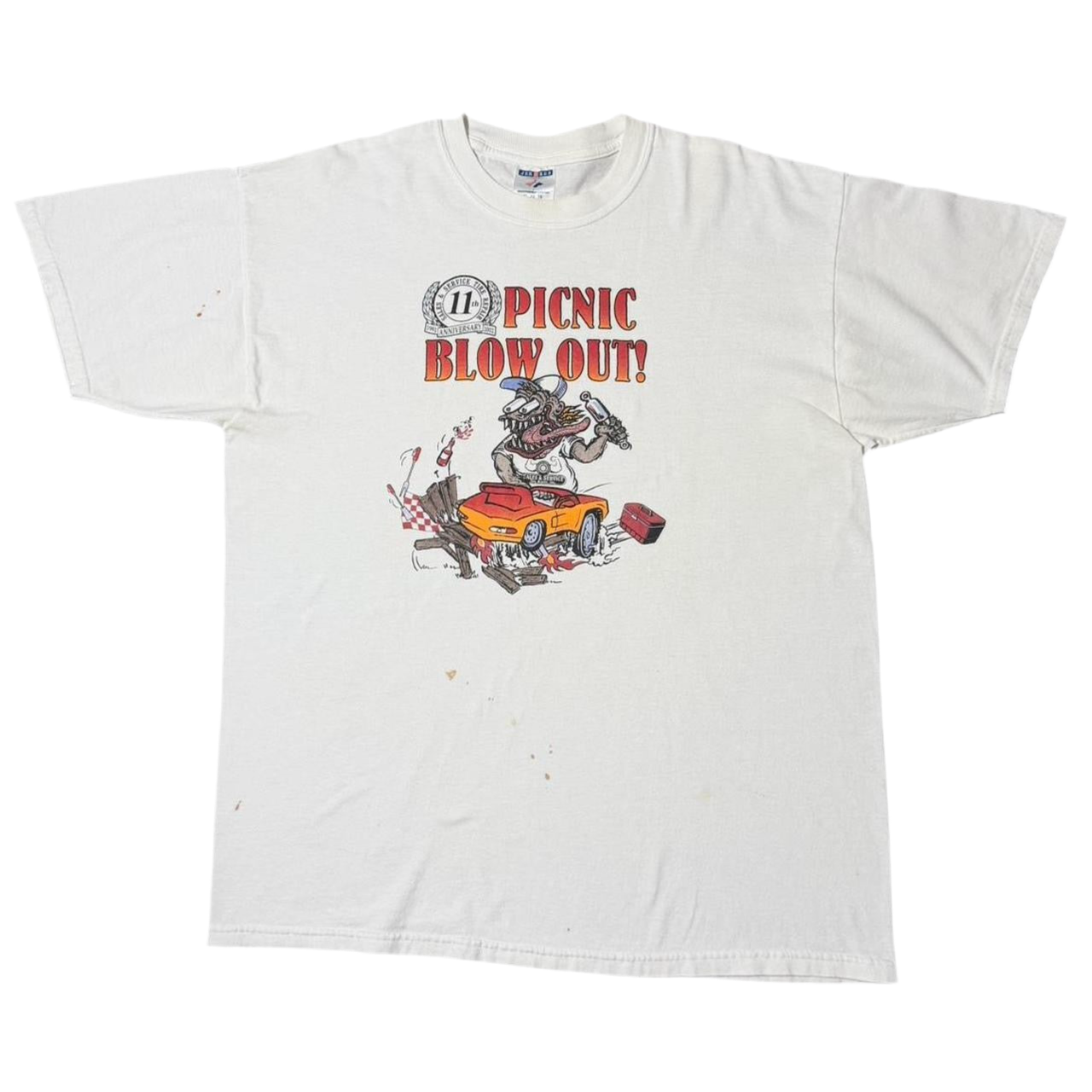 2002 Rat Fink Picnic Blowout Graphic Auto Shop Mechanic Tee