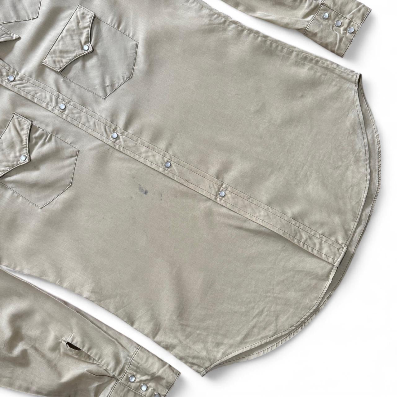 70s Tan Khaki Pearl Snap Western Cowboy Point Collar Button Up