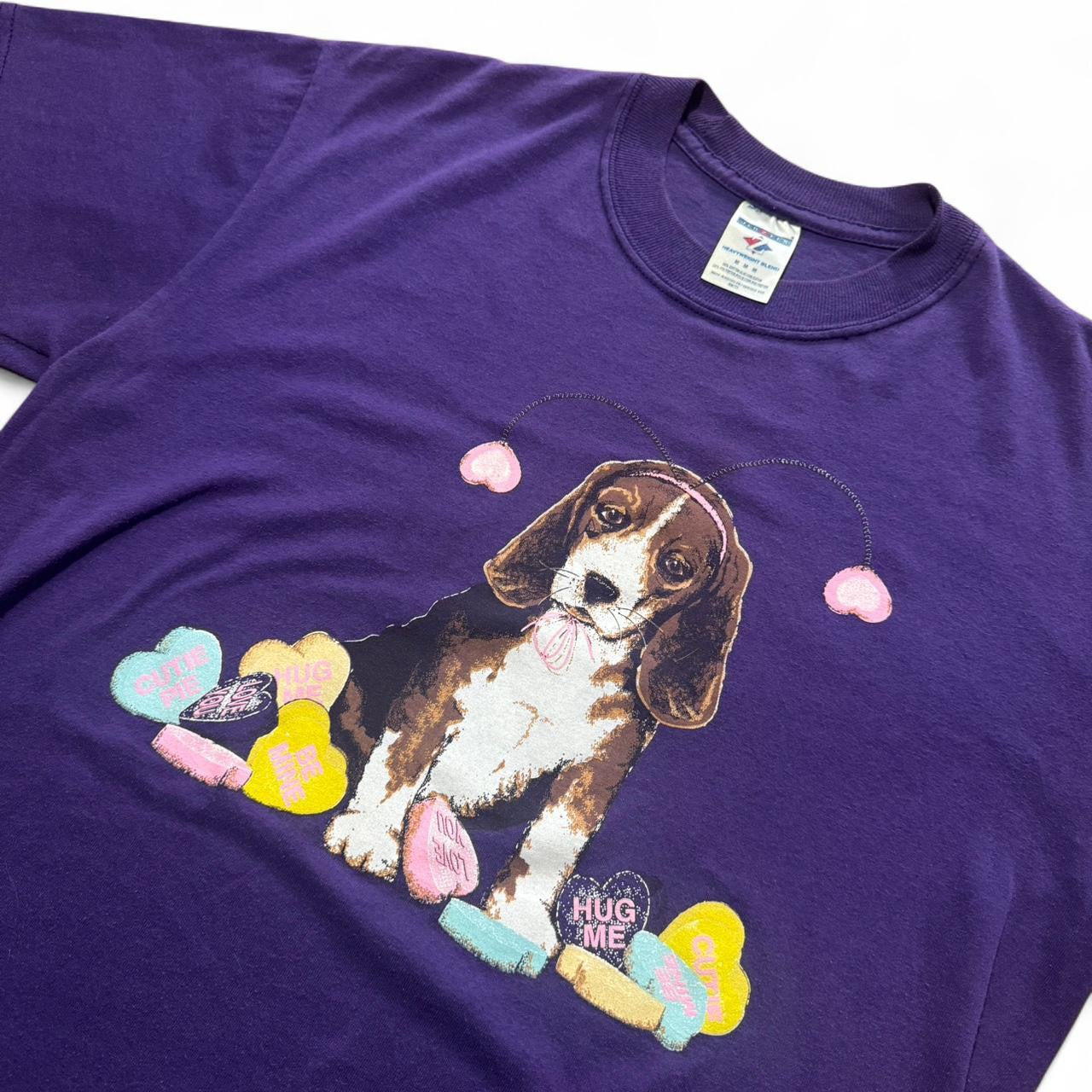 90s Purple Candy Heart Cute Puppy Dog Beagle Valentines Animal Tee