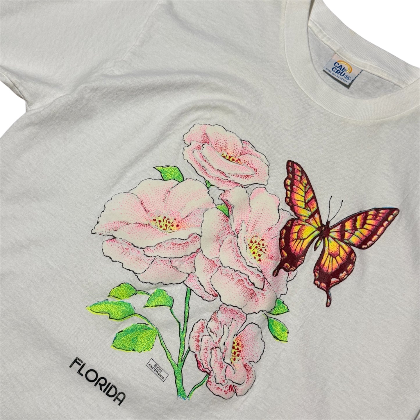80s Florida State Butterfly Flower Puff Print Graphic Souvenir T-shirt