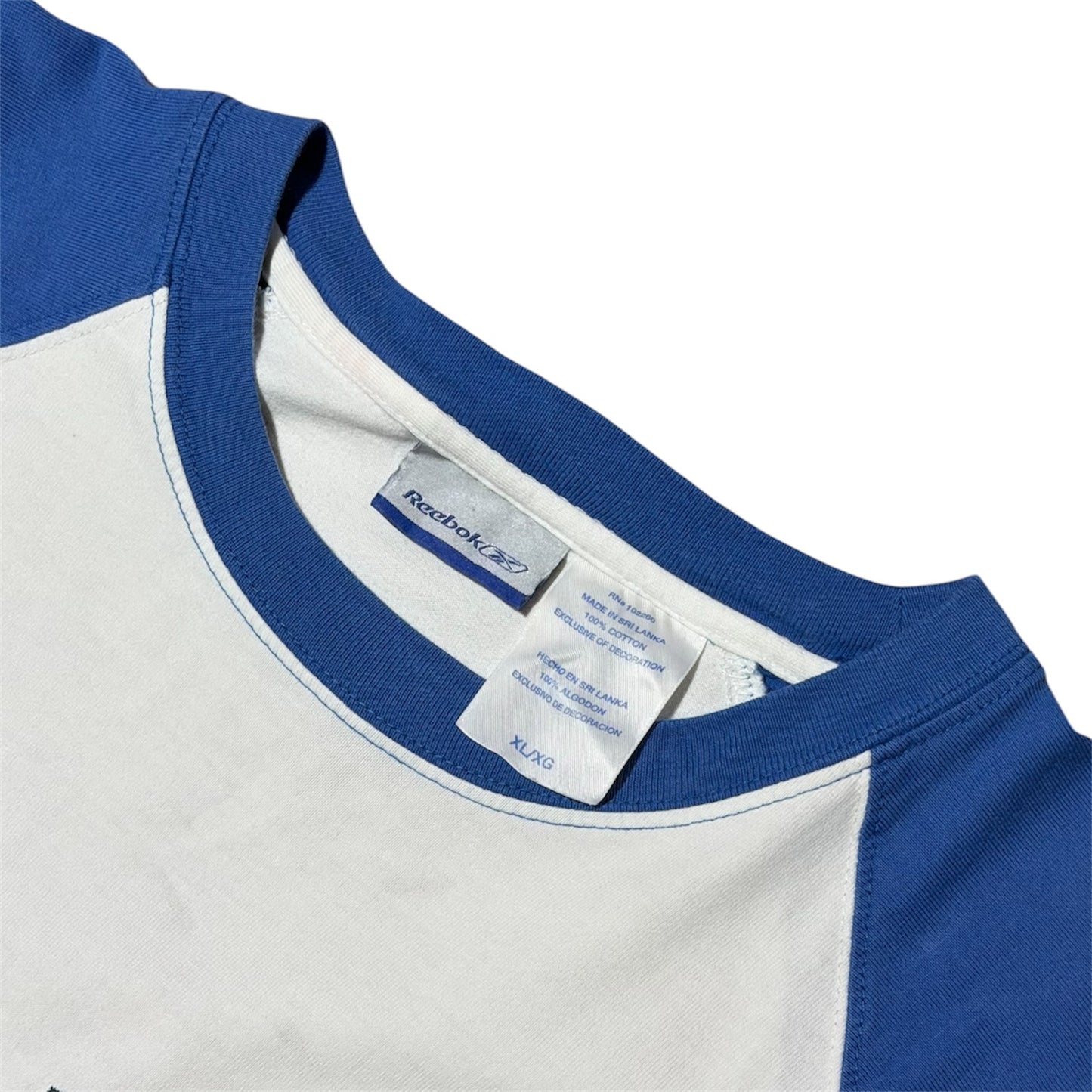 Y2K Reebok White Blue Embroidered Spellout Logo Raglan Baseball T-Shirt