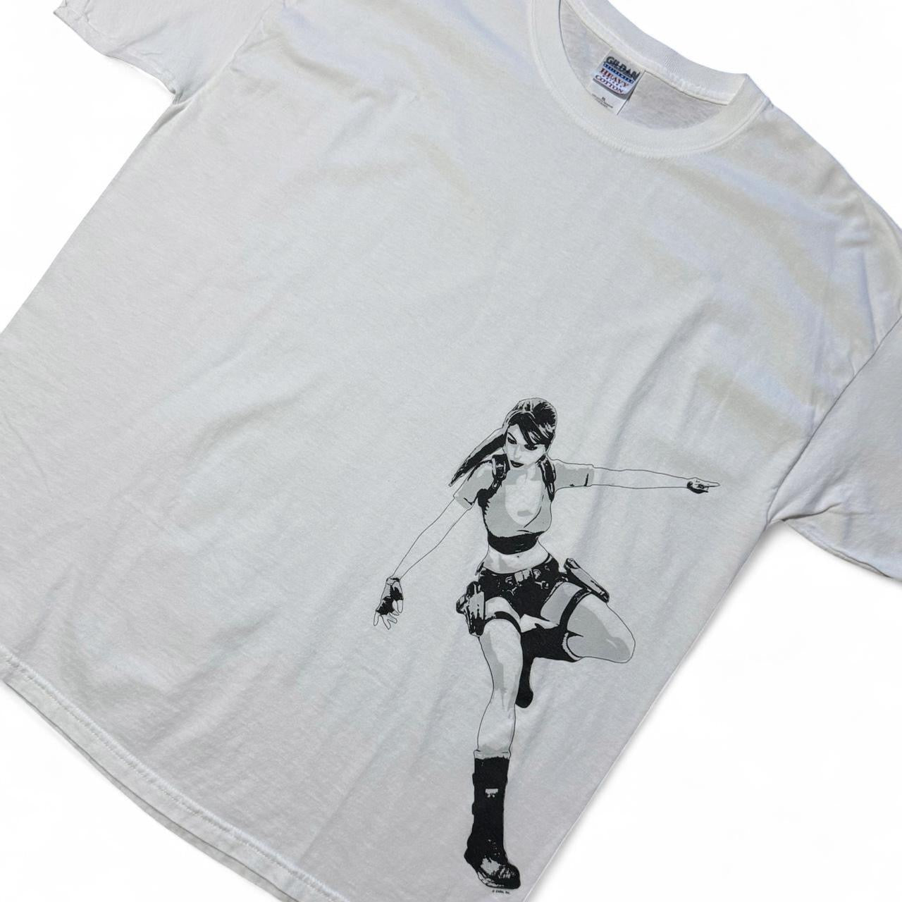 Vintage Y2K Tomb Raider White Lara Croft Video Game Crazy Promo T-shirt